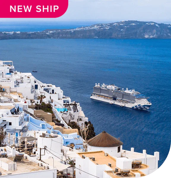 New Ship. The Sun Princess sails near Santorini, Greece coastline.