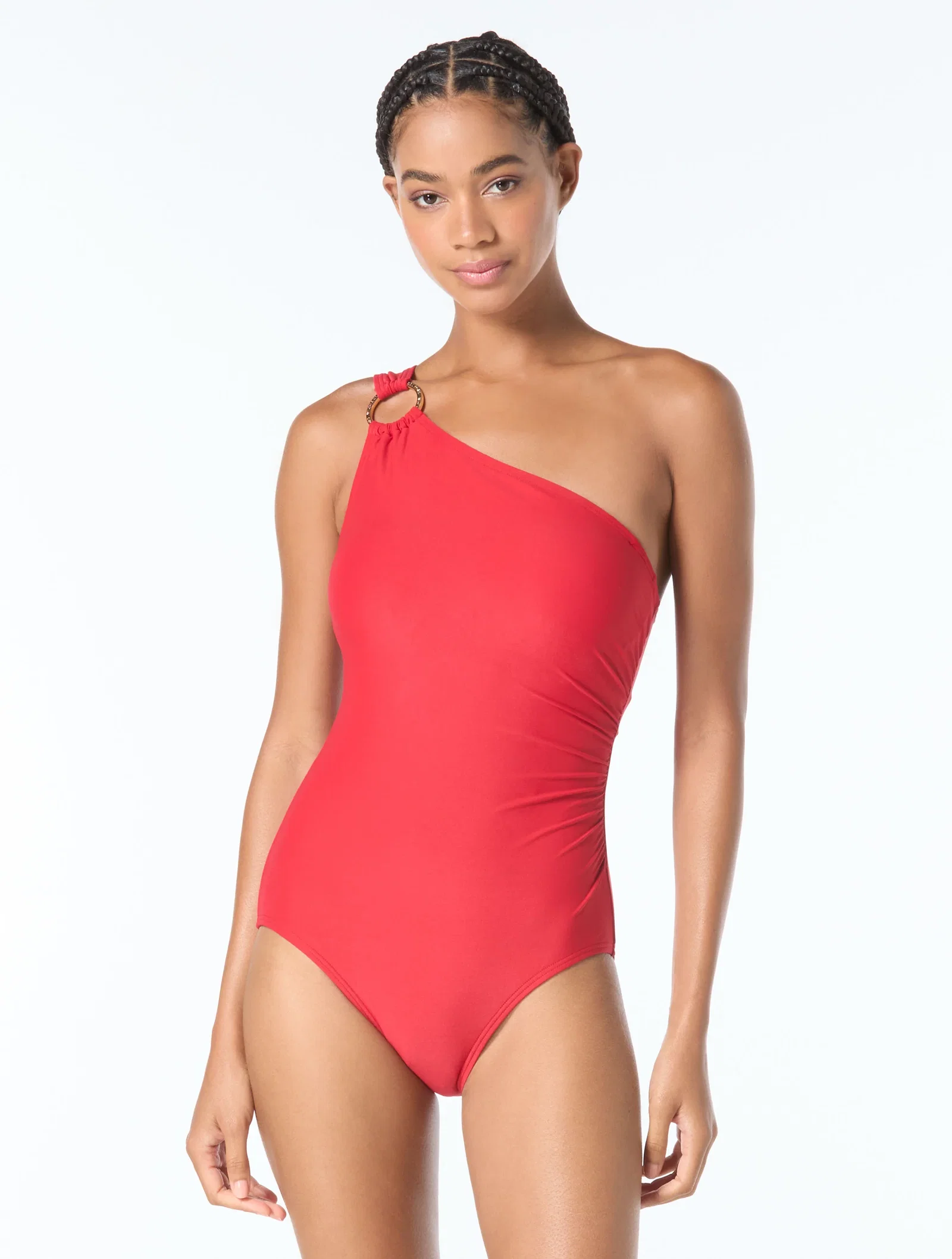 Image of MICHAEL Michael Kors One Shoulder Underwire One Piece Swimsuit - Hardware Solids