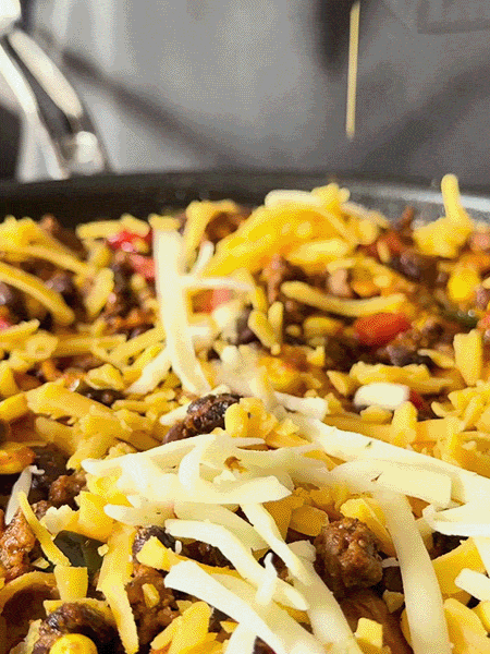 GIF: Cooking Beef, Black Bean & Poblano Skillet Enchiladas and Lemon Caper Shrimp Piccata Pasta with White Beans using Hestan cookware