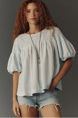 By Anthropologie Liza Linen Blend Smocked Top