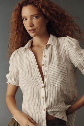Pilcro Aly 100% Linen Puff-Sleeve Blouse