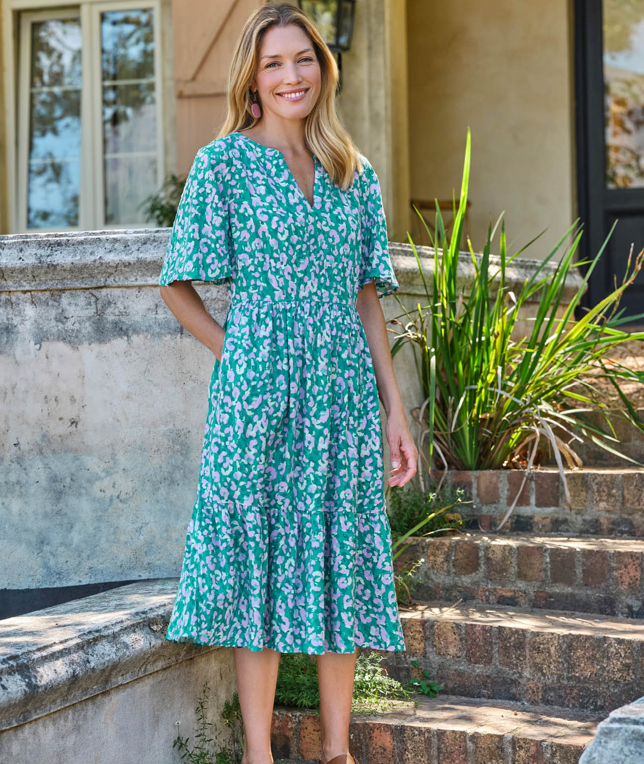 Notch Neck Fluted Sleeve Dress
