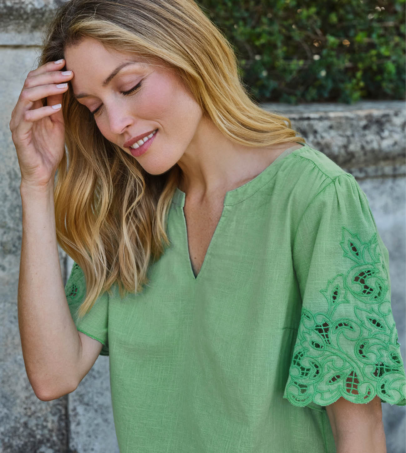 Cutwork Sleeve Notch Neck Top