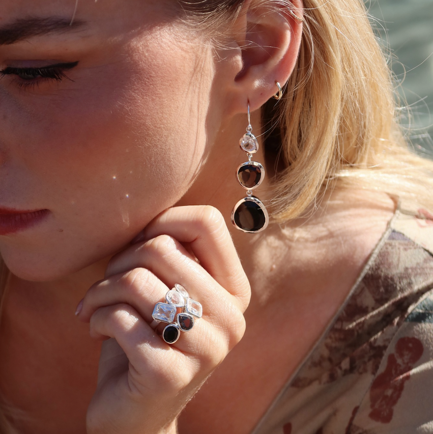 Gemstone earrings and gemstone ring on girl