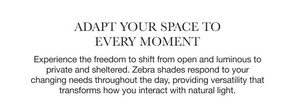 Adapt Your Space to Every Moment | Experience the freedom to shift from open and luminous to private and sheltered. Zebra shades respond to your changing needs throughout the day, providing versatility that transforms how you interact with natural light.