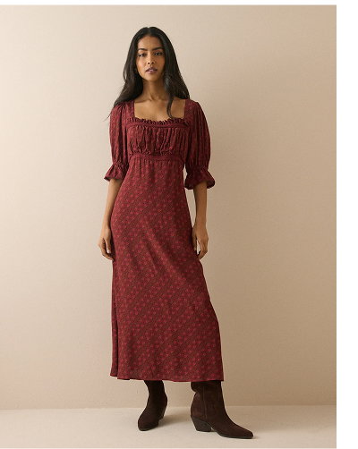Red Floral Frill Trim Winslet Midi Dress