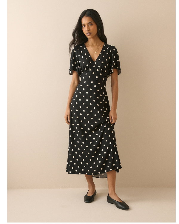 Black Polka Dot Atlas Midi Dress