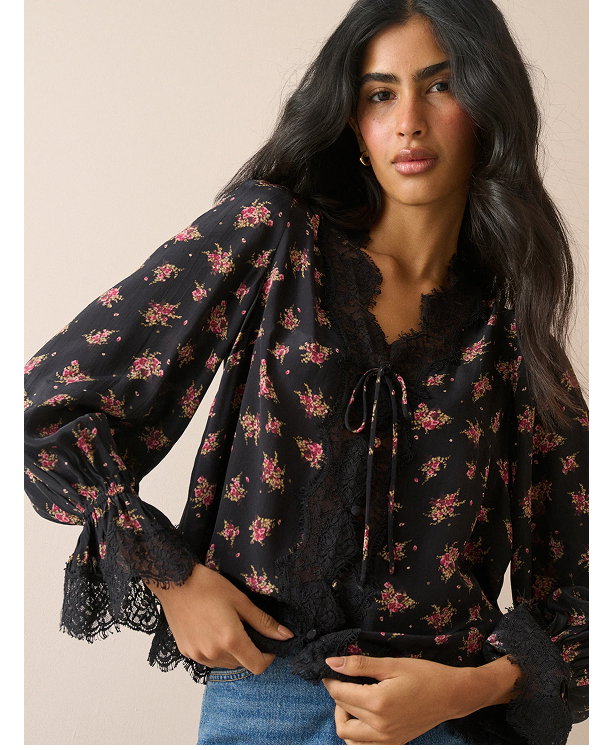 Black Floral Lace Trim Satin Blouse