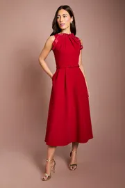 Ruffle Neck Sleeveless Belted Midi Dress
