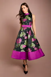 Jacquard Sleeveless Midi Dress With Satin Waistband