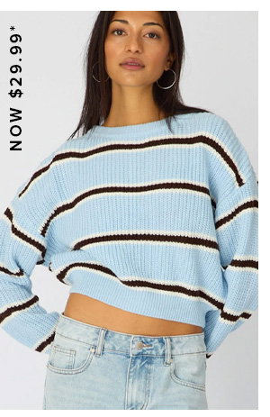 Blue Stripe Knit Top Long Sleeve Color Block
