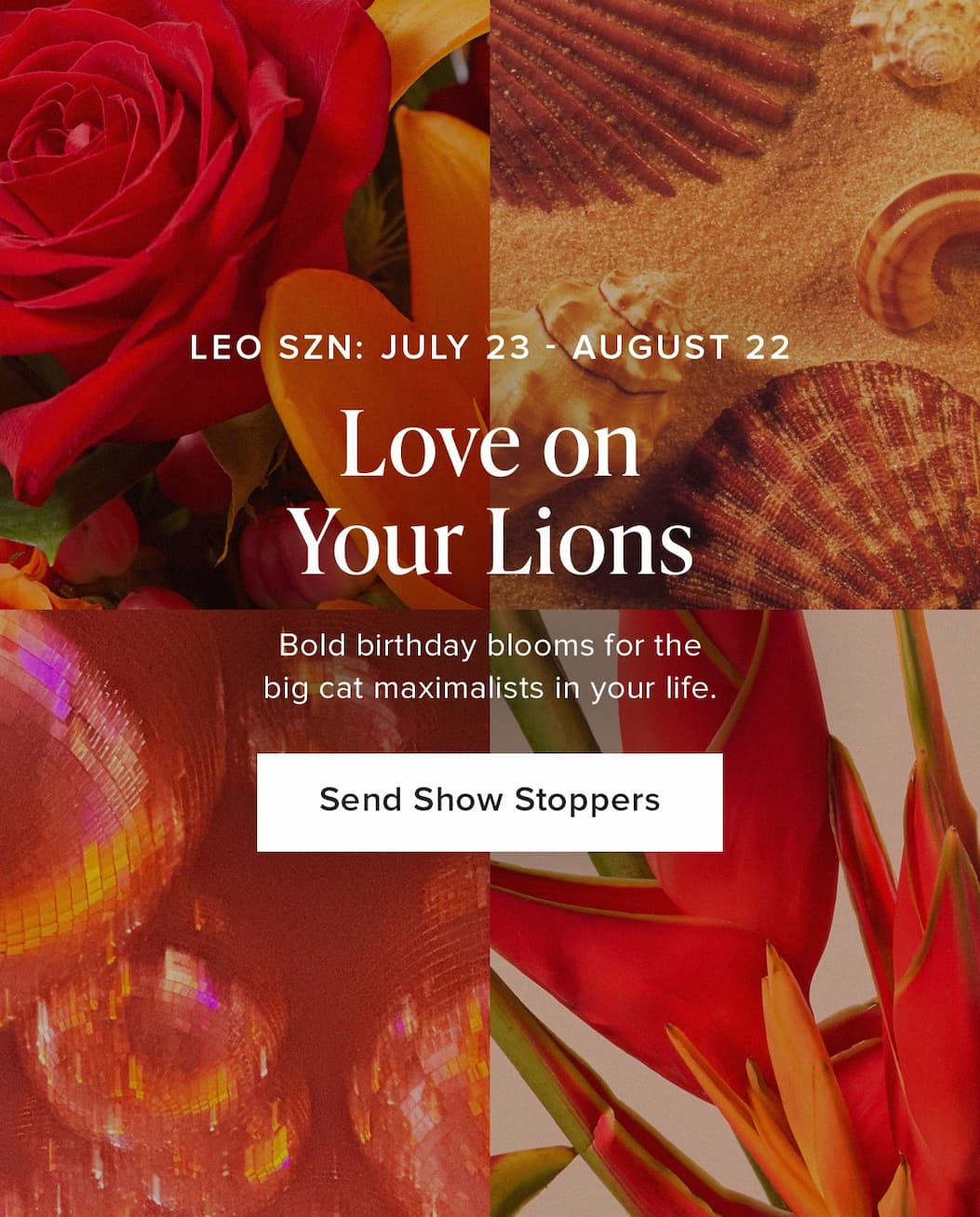 Leo Season: July 23-August 22. Love on Your Lions. Bold birthday blooms for the big cat maximalists in your life. Send Show Stoppers. 