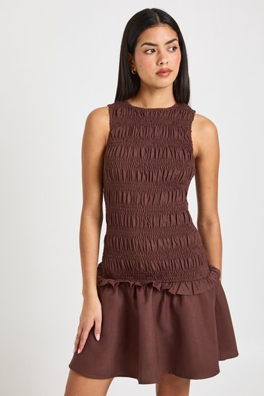 Shirred Racer Neck Smock Dress