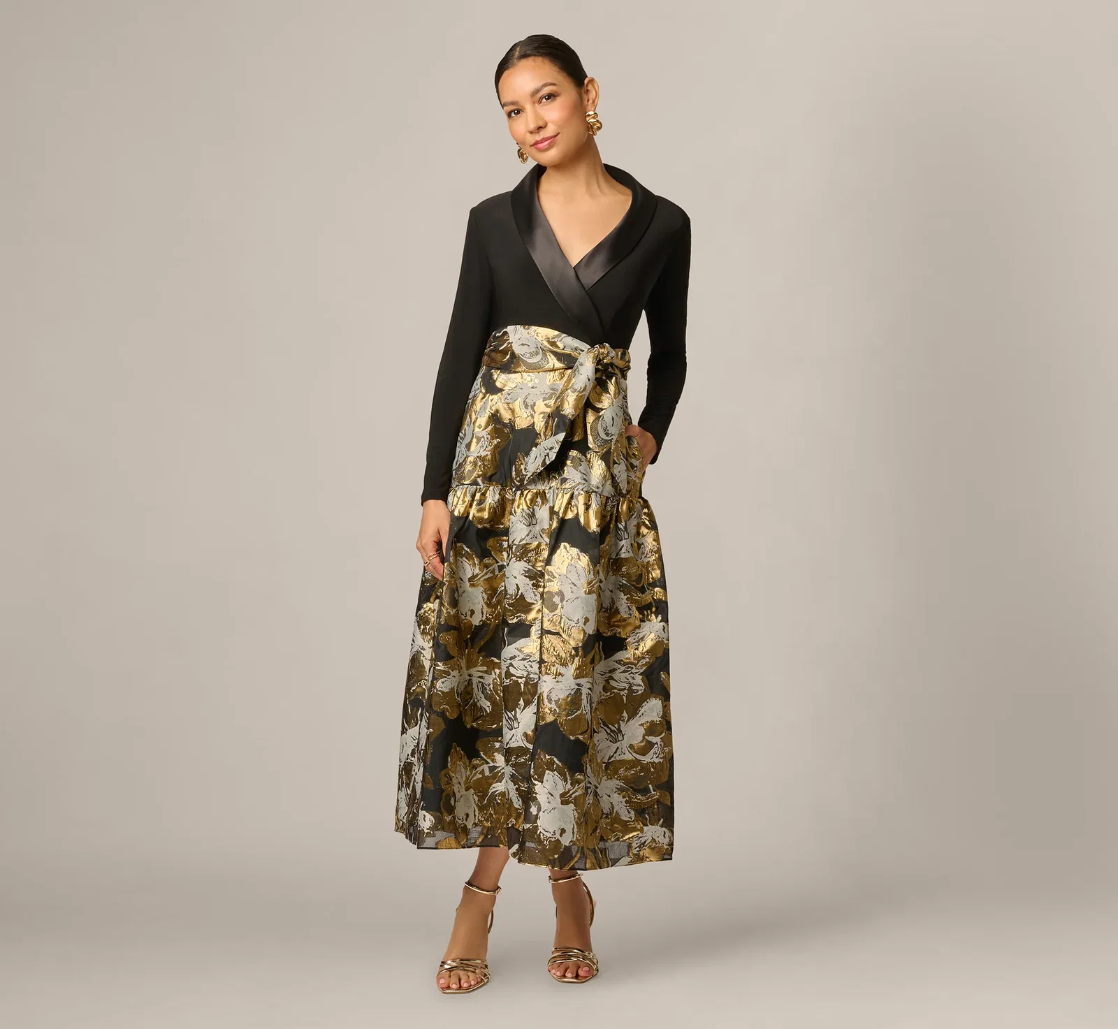 Image of Petite Combo Floral Jacquard Dress In Black Gold