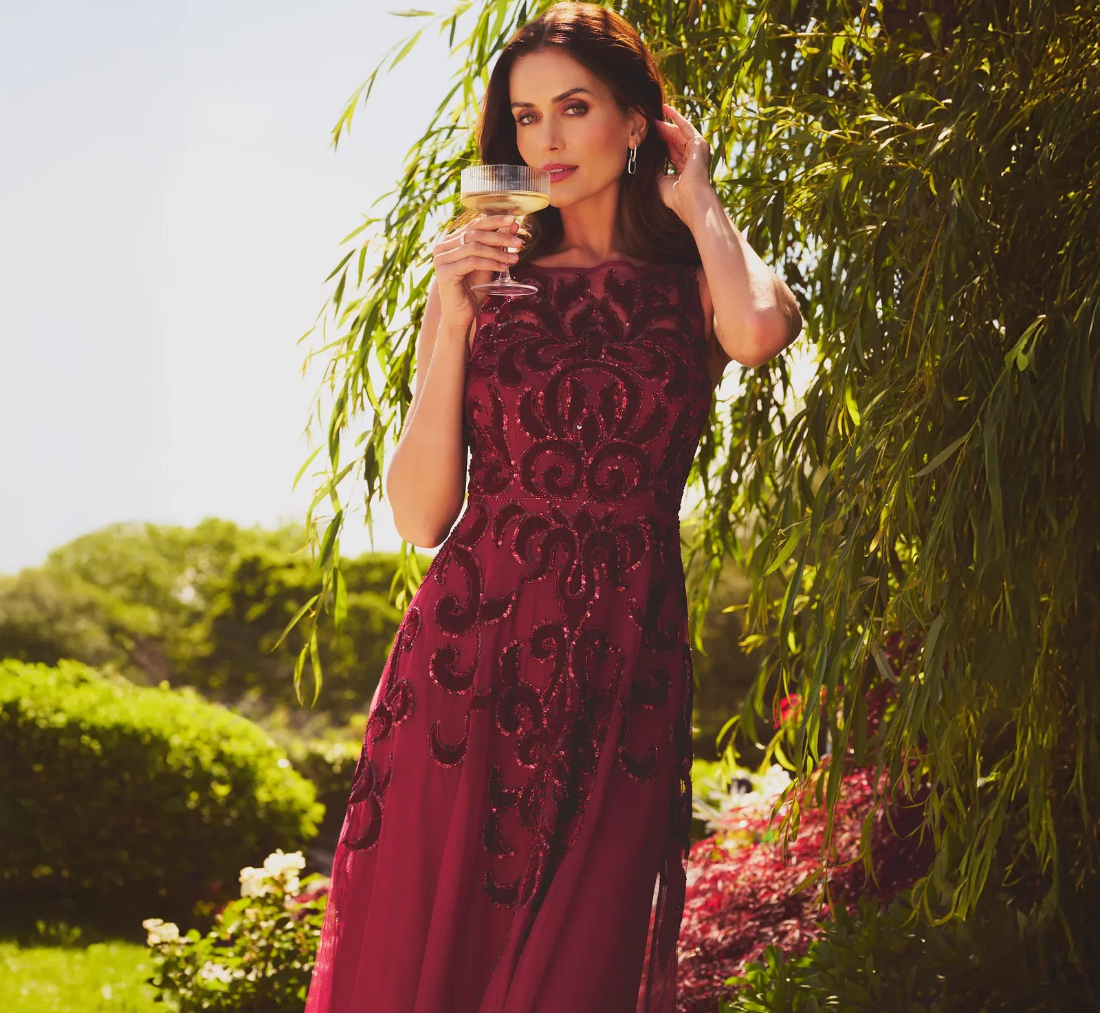 Image of Petite Baroque Scroll Velvet Beaded Gown In Mahogany