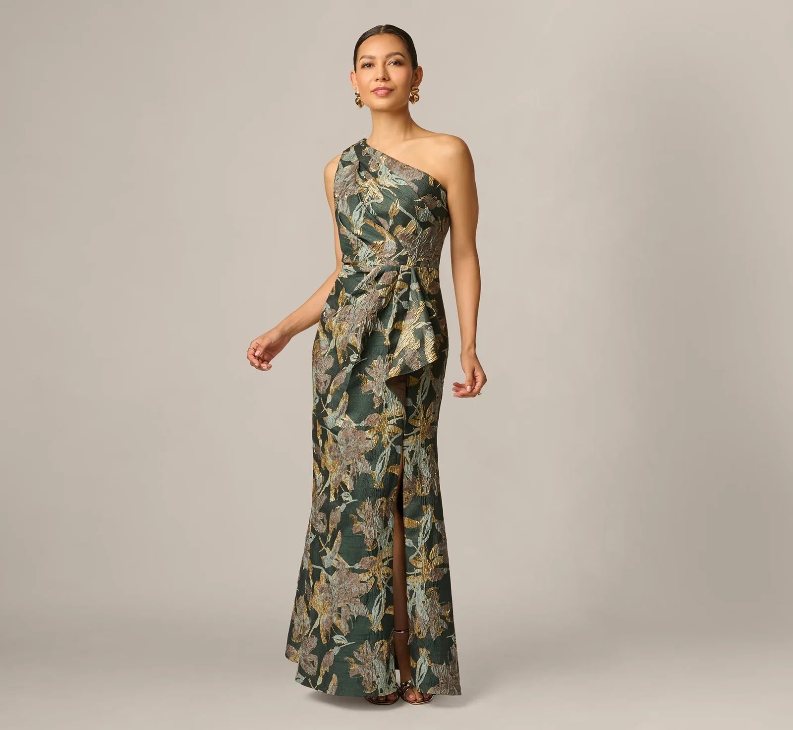 Image of Petite One Shoulder Jacquard Dress In Green Gold