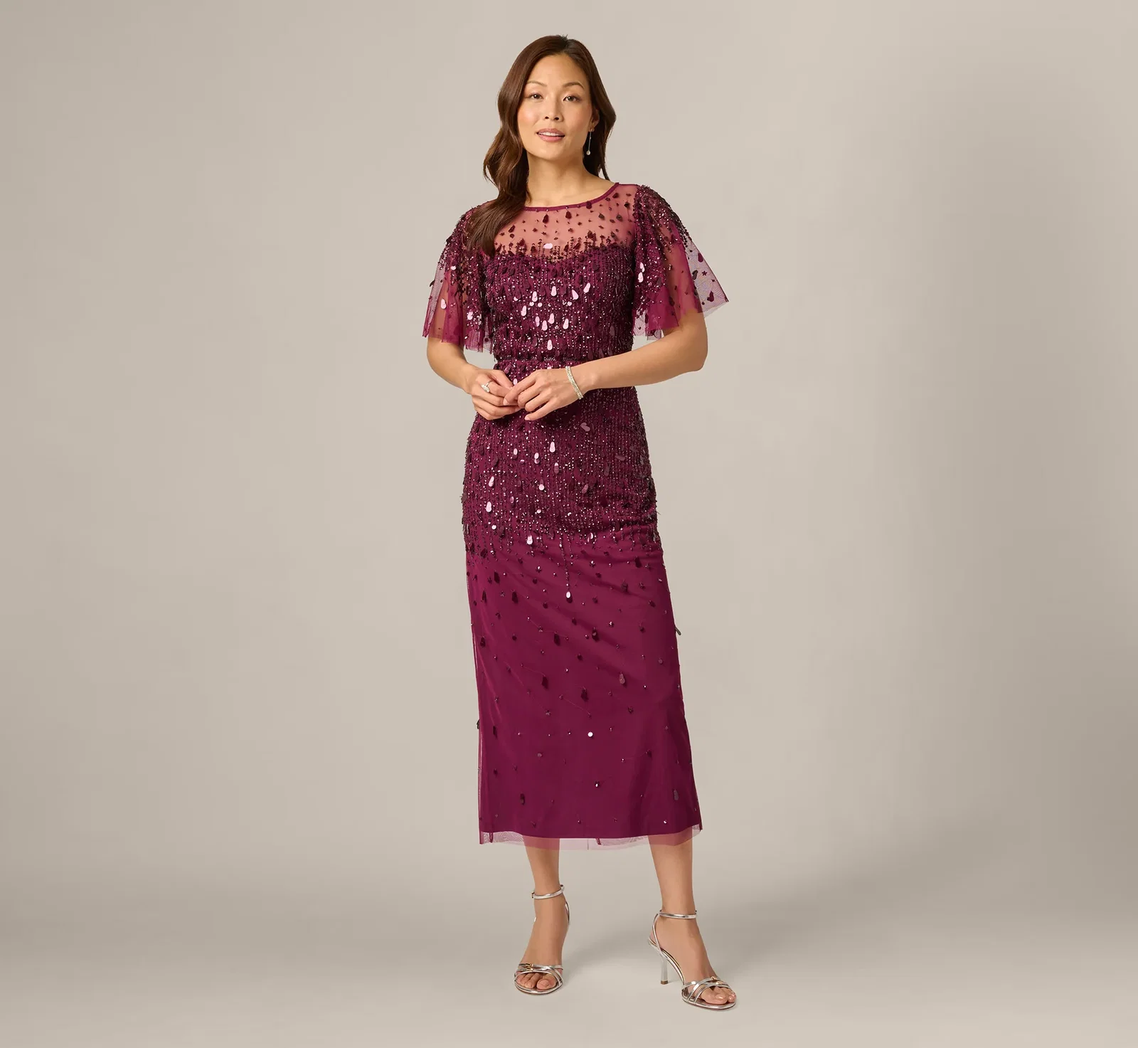 Image of Petite Flutter Sleeve Sequin Beaded Midi Dress In Bordeaux