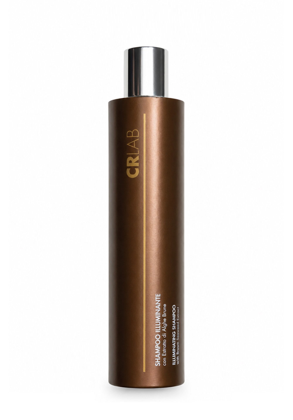CRLAB illuminating shampoo in tall bronze metallic bottle with silver cap on white background