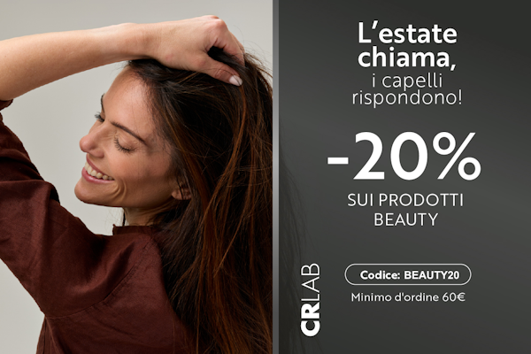 Smiling woman touching hair beside ad text offering 20% off beauty products with code BEAUTY20, min order €60