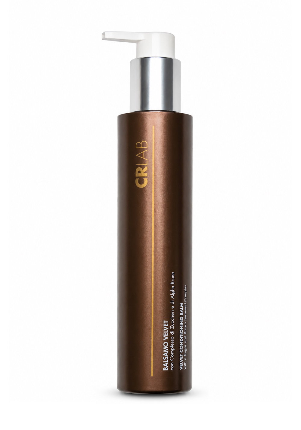 CRLAB Velvet conditioning balm in tall brown metallic pump bottle with silver collar and gold vertical logo