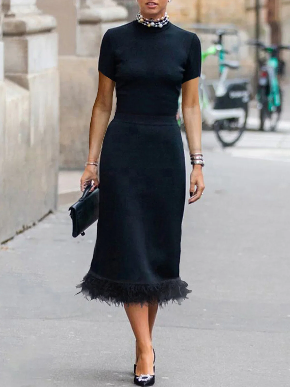 Elegant Crew Neck Feathered Hem Midi Dress