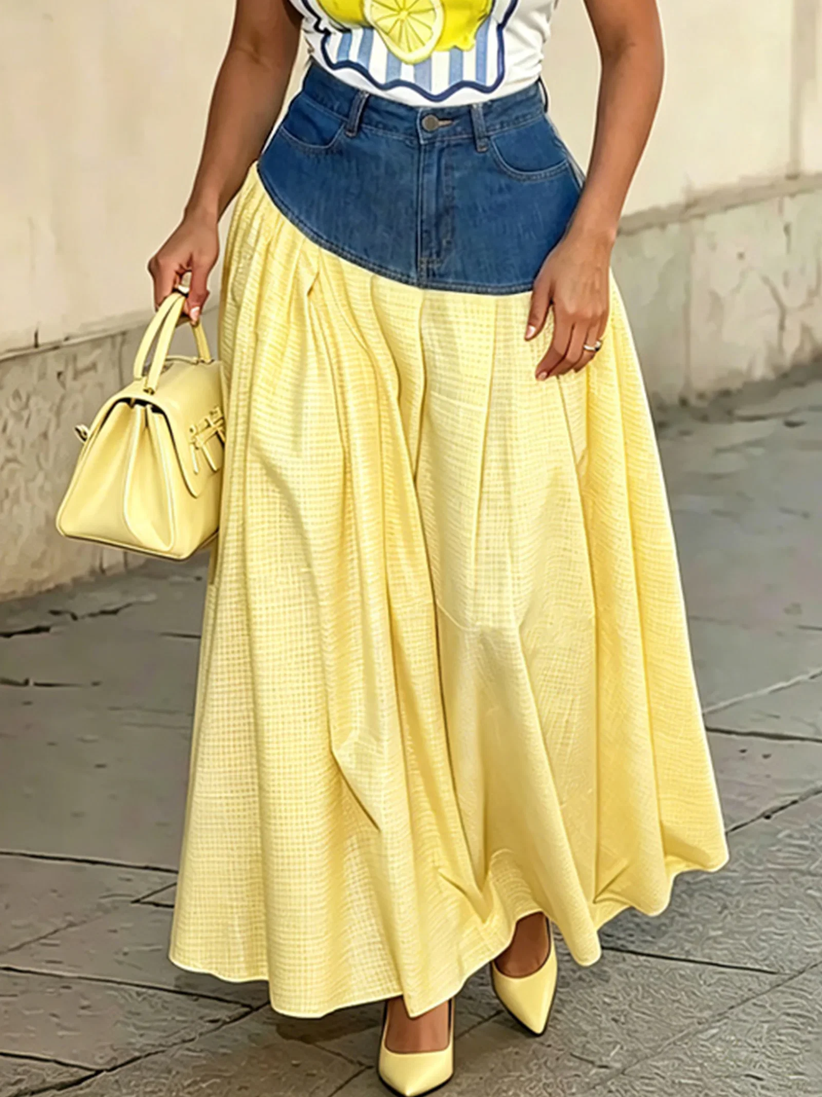Casual Distressing Split JointColor Block Maxi Skirt
