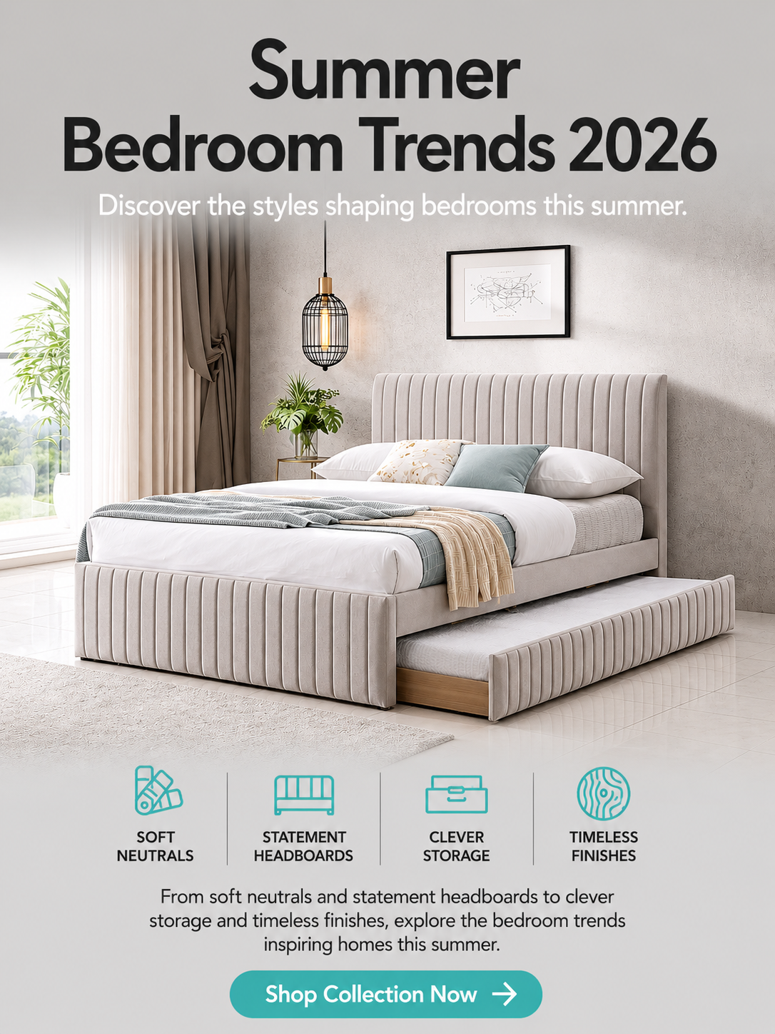 A grey fabric bed with white, grey, and blue bedding.