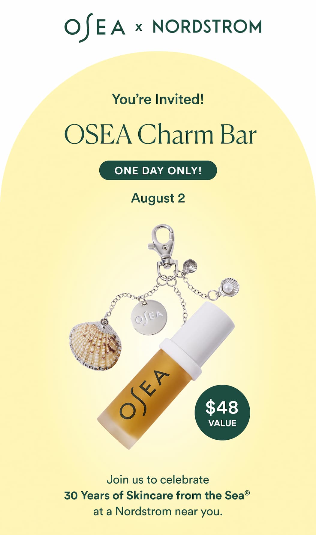 You're Invited! OSEA Charm Bar: Join us to celebrate. 30 years of skincare from the sea