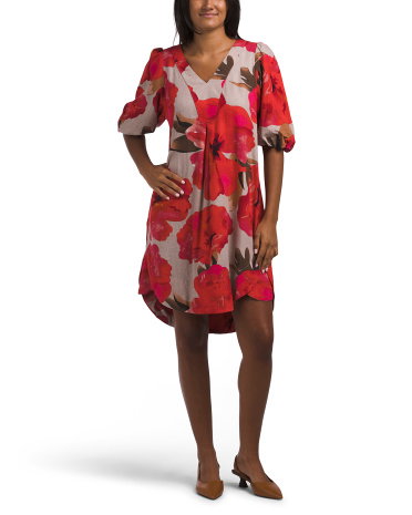 Linen Blend Puff Sleeve Floral Mini Swing Dress For Women, Linen/Viscose