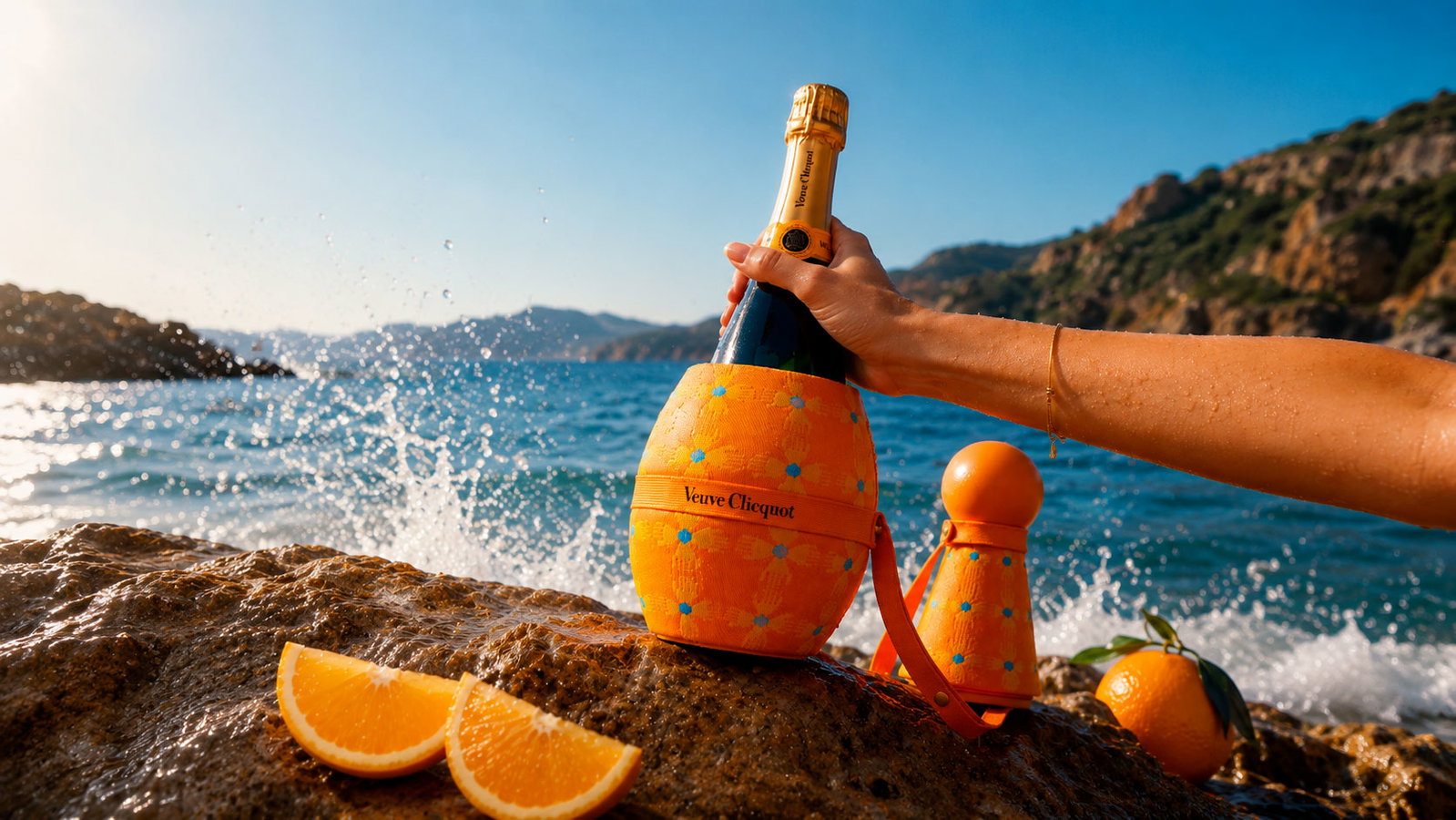 Hand lifting a Veuve Clicquot bottle in an orange carrier on a sunlit rocky shoreline with splashing sea and sliced oranges