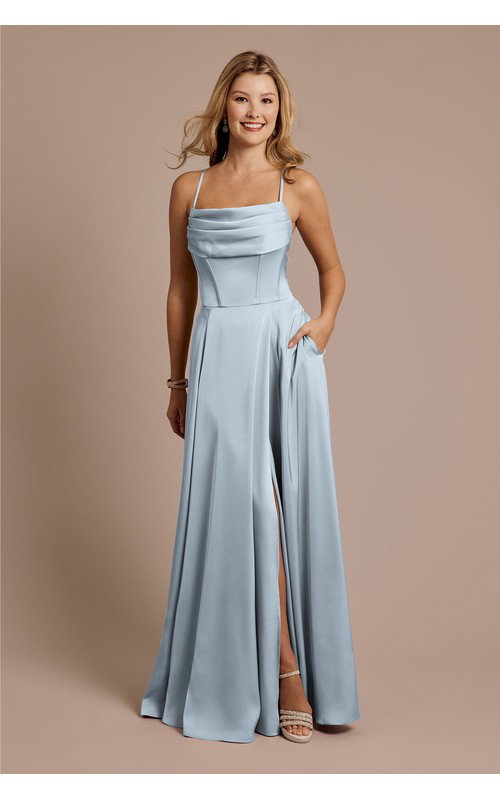 Matte Satin Cowl Neck Spaghetti Strap A-Line Dress