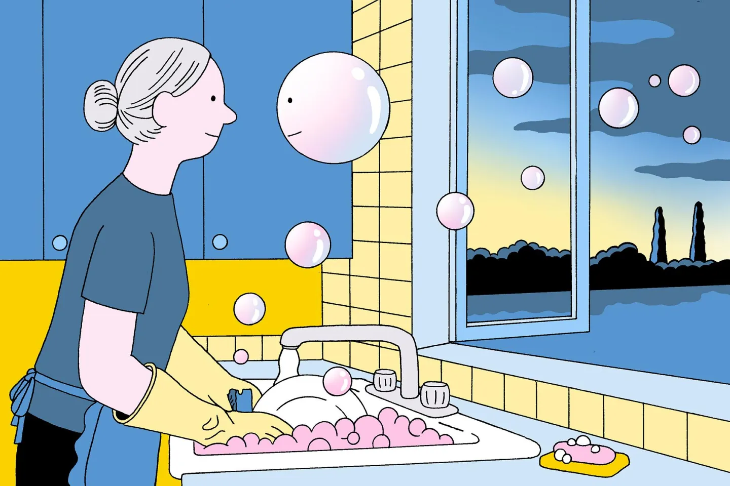 An illustration of a person washing the dishes | Pete Gamlen for Vox