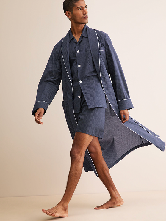 Men's Cotton Batiste Dressing Gown in Navy Blue Pin Dot