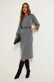 Geo Ponte Belted Piping Detail Midi Dress