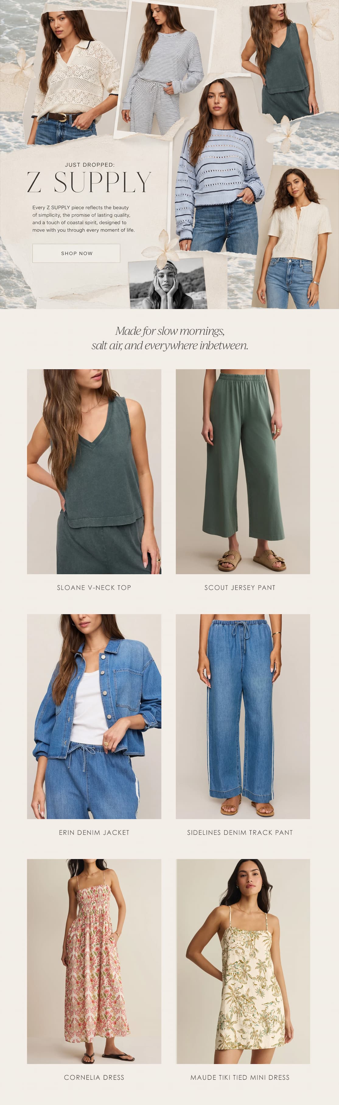 Z SUPPLY new arrivals campaign featuring women in relaxed coastal styles, including knit tops, matching sets, denim separates, wide-leg pants, and floral dresses in soft neutral, blue, and green tones.