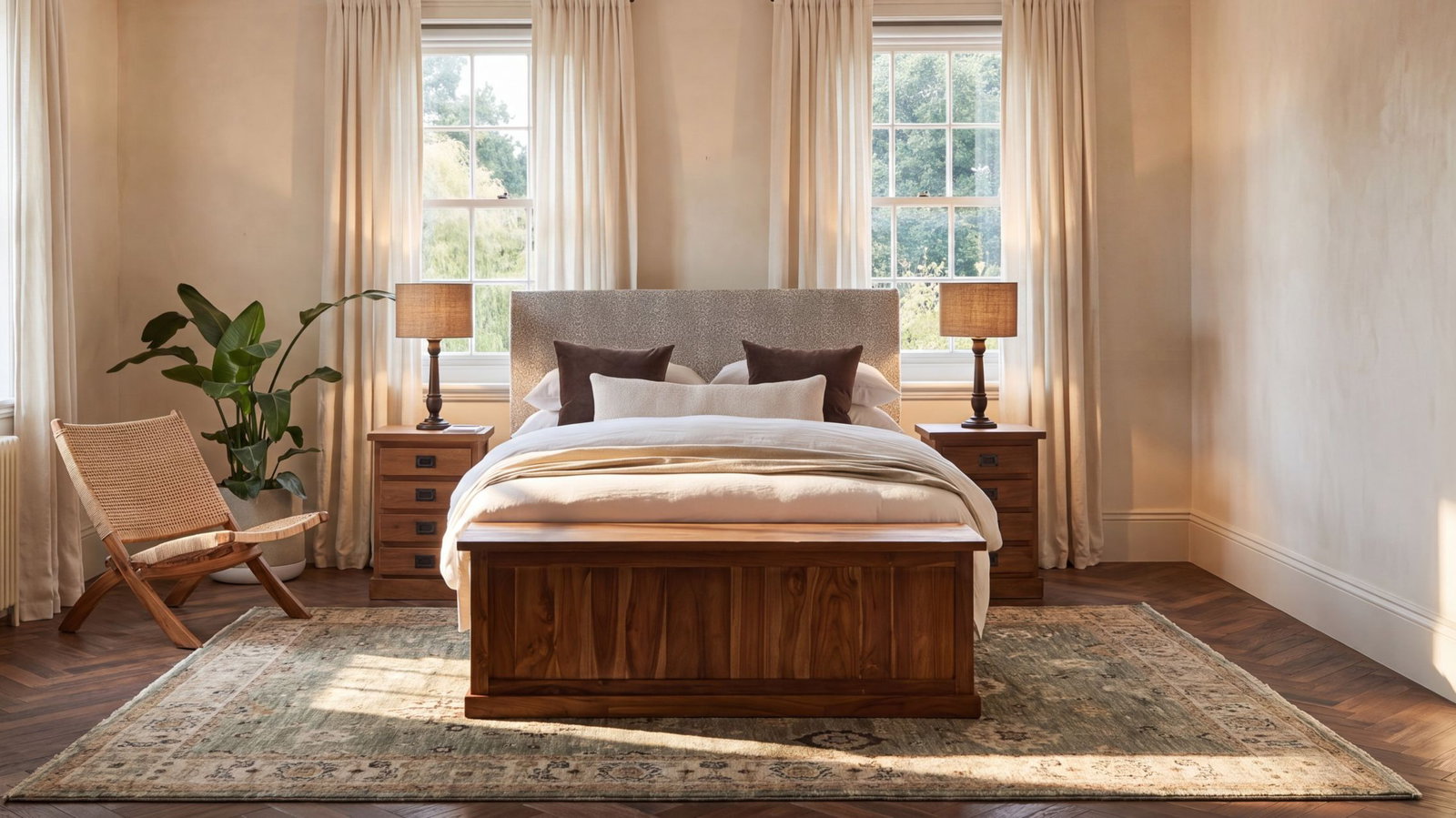 Bedroom with afternoon light and shadows, a large green rug and a teak blanket box. 