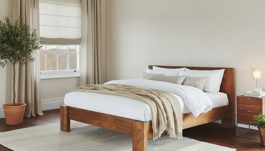 A wooden bed with white linens and a tan throw is in a bedroom with a window and a plant.