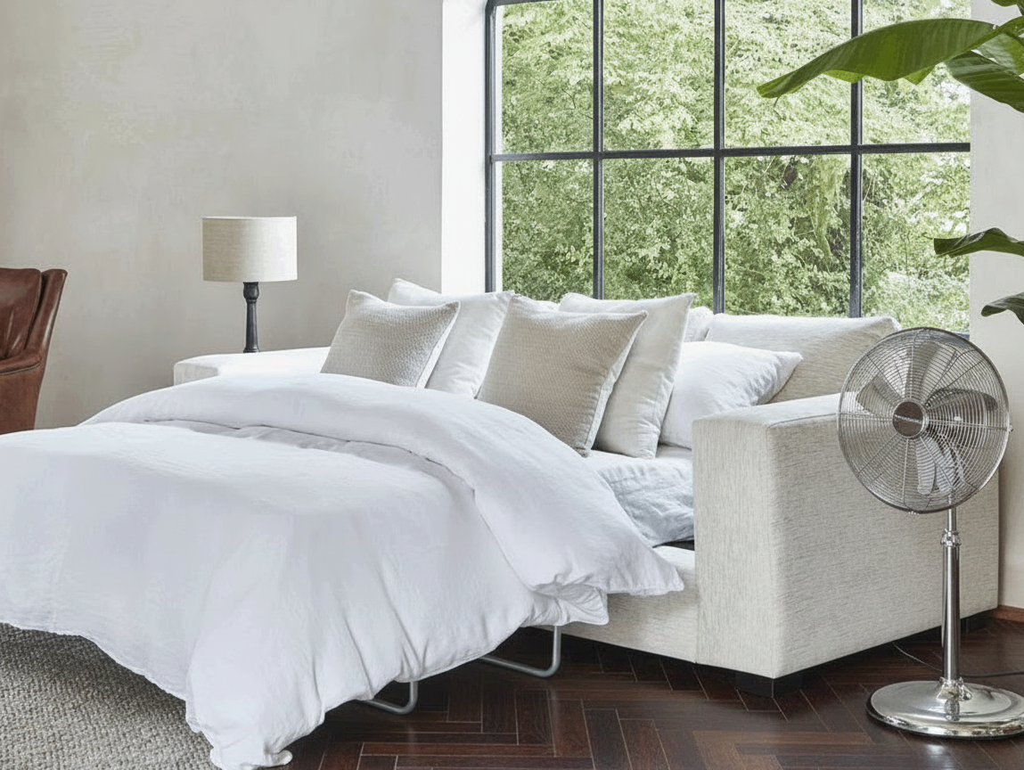A sofa bed is made up with white bedding and pillows, with a fan and chair nearby.