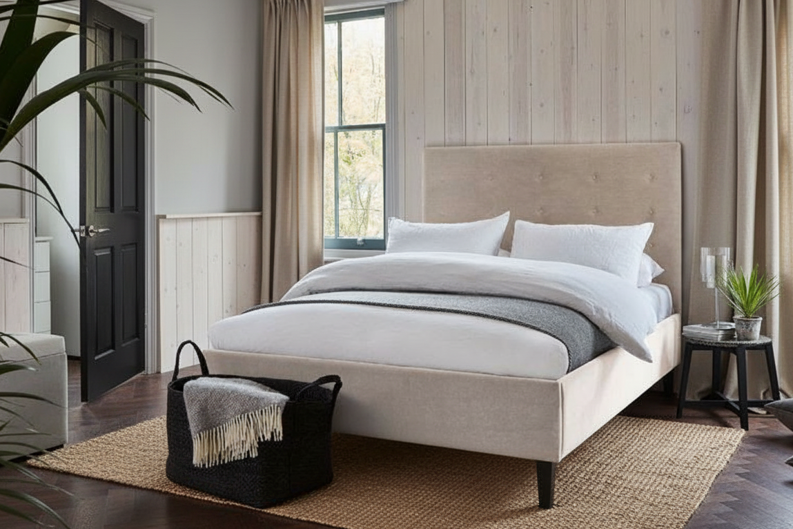 A bedroom with a beige bed, black basket, and plant.