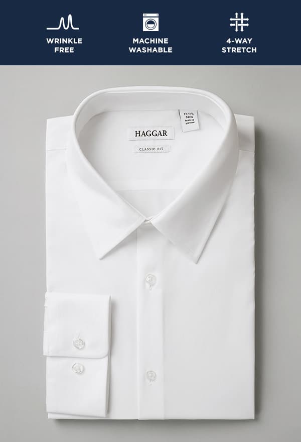 Icons demonstrate that Wrinkle Free shirts are machine washable and have 4-way stretch