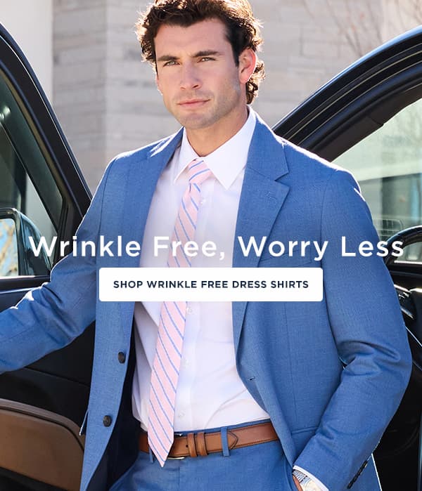 Man poses in a Haggar outfit, headline says, "Wrinkle Free. Worry Less".