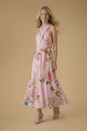Halter Cross Neck Printed Viscose Midaxi Dress