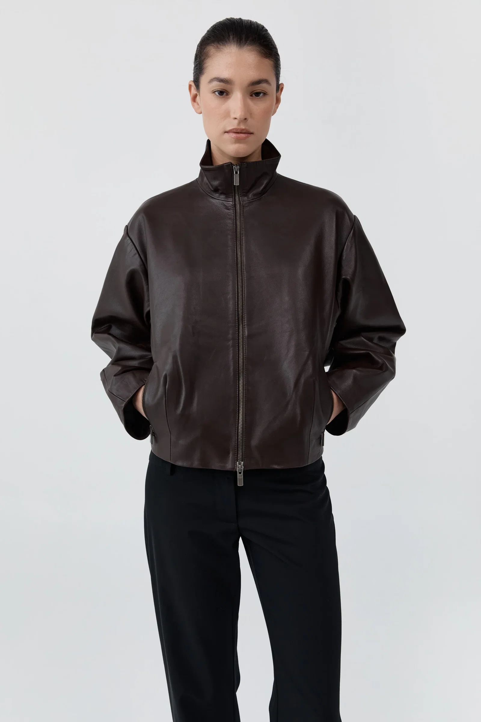 Image of Cocoon Zip Leather Jacket - Chocolate