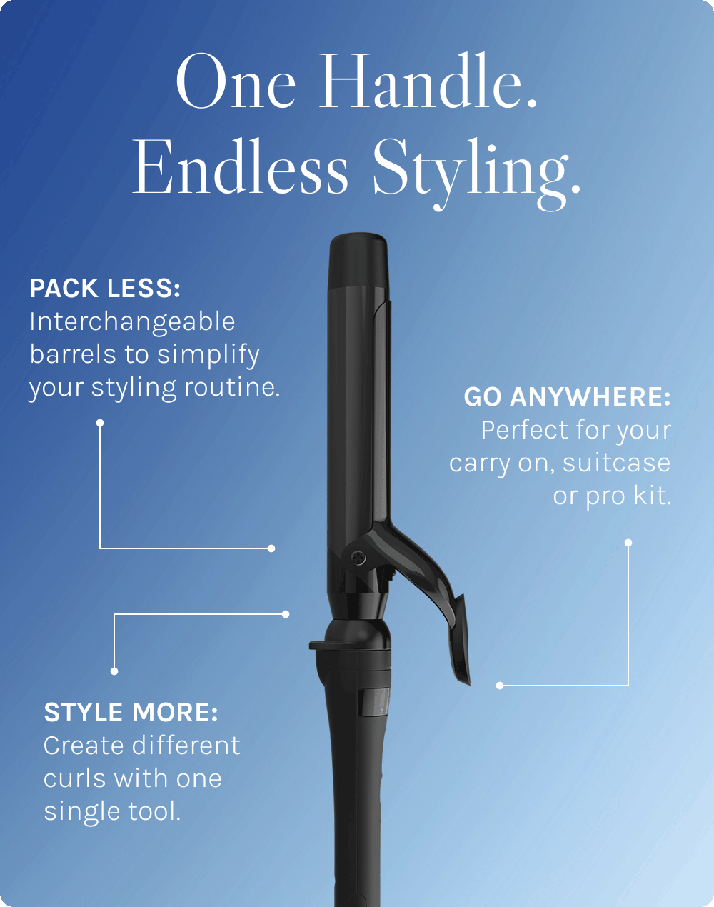 One Handle. Endless Styling. Pack less interchangeable barrels to simplify your styling routine, Style more - create different curls with one single tool. Go anywhere - perfect for your carry on, suitcase or pro kit.  