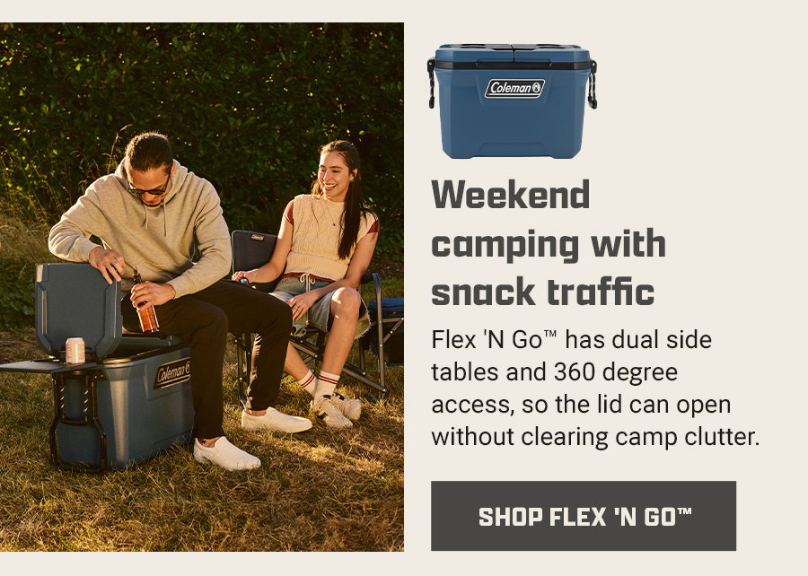 Weekend camping with snack traffic - Flex 'N Go has dual side tables and 360 degree access, so the lid can open without clearing camp clutter. Shop Flex 'N Go