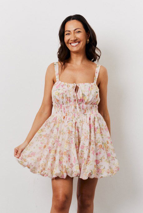 Pink Floral Milkmaid Bubble Hem Mini Dress
