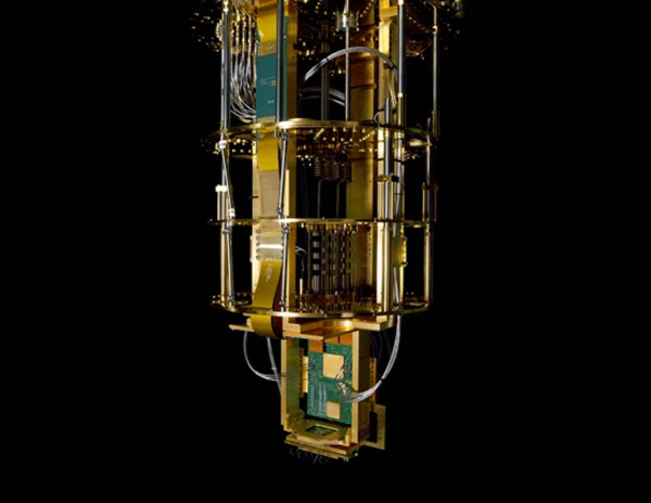 The ‘chandelier’ of a quantum computer made by HRL Laboratories is shown on a black background.