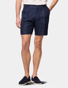 Navy Pleated Linen Shorts
