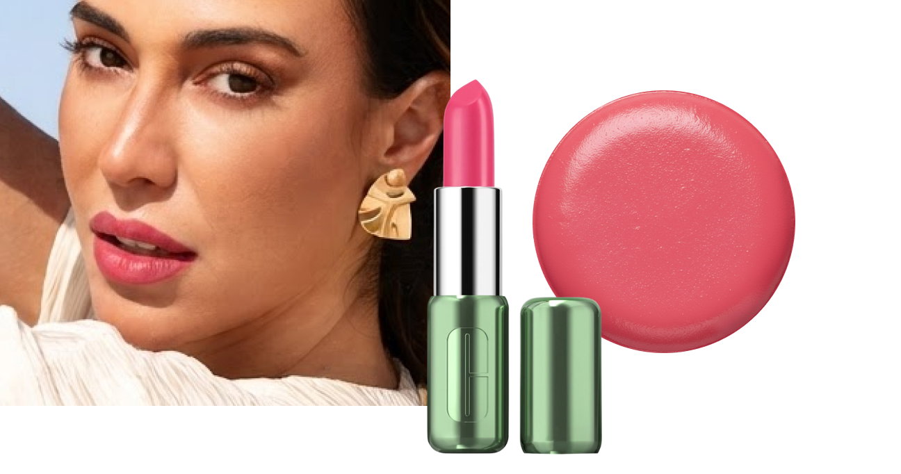 Nahaufnahme einer Person mit pinkfarbenen Lippen neben einem geöffneten Clinique-Lippenstift in leuchtendem Pink. Daneben ist ein kreisförmiger Farbauftrag des Produkts zu sehen, der den frischen, glänzenden Farbton zeigt.