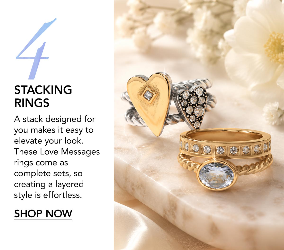 Four: Stacking Rings - A stack designed for you makes it easy to elevate your look. These Love Messages rings come as complete sets, so creating a layered style is effortless. - Shop Now